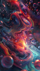 Vivid colors blend together in a liquid simulation, creating a mesmerizing abstract art with translucent bubbles