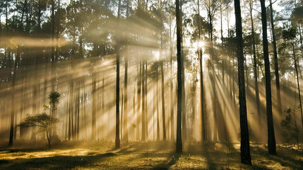 Sunbeams in a summer morning in forest with tall thin trees