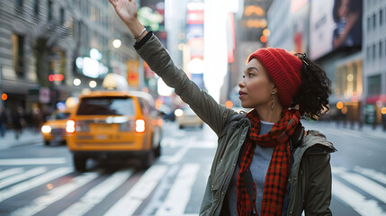 Woman hailing taxi cab or ride share car service in New York - Powered by Adobe