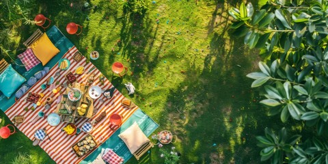 Top view to picnic party with lot of kind of food, fruit, vegetable, toasts and drinks, summer enjoying concept