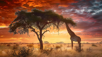 Wild giraffe reaching with long neck to eat from tall tree in African Savanna under dramatic,...