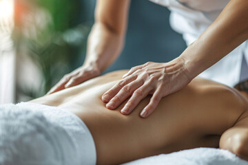 Close-up of hands performing massage on a person's back in a serene environment