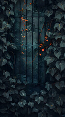 Moody and dark image of ivy leaves over a window pane with a subtle hint of warm light suggesting mystery or intrigue