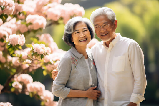 senior asian couple enjoying good time outdoors in park , happy and smiling