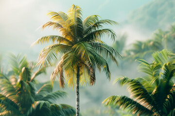 Fototapeta na wymiar Palm tree view over thick wild jungle in foggy morning. Summer vibes concept