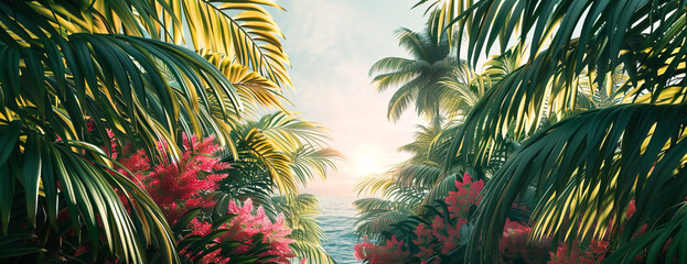 Panoramic image banner of tropical forest with pal trees and flowers by the sea. Summer vibes...