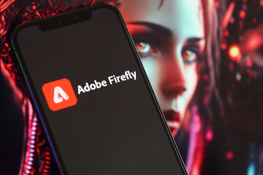 KYIV, UKRAINE - MARCH 17, 2024 Adobe Firefly logo on iPhone display screen with background of artificial intelligence futuristic ai generated image close up