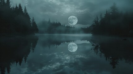Full Moon Rising Over Lake and Trees