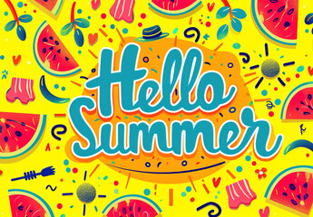 Fototapeta na wymiar Colorful watermelon summer vibes illustration banner that says Hello summer