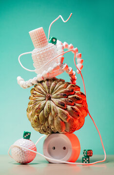 Conceptual still life with cherimoya fruit.