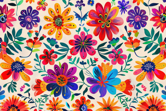 Vibrant Mexican folk art floral pattern on a beige background
