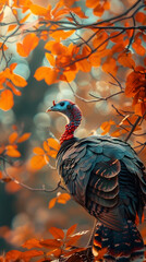 A wild turkey stands vibrant among autumn leaves, showcasing the beauty of wildlife in the fall season