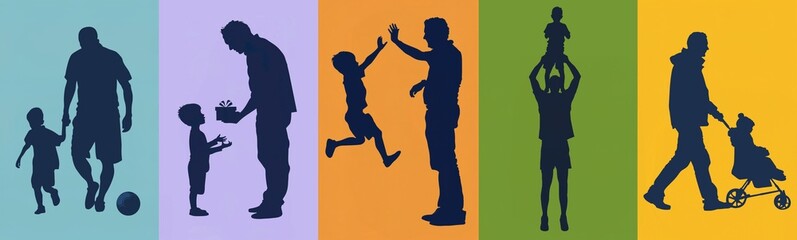 Collage silhouette of a father and son moments over colorful background. Father's Day concept
