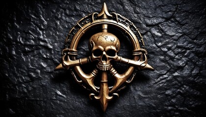 Fototapeta na wymiar Pirate metal bronze and iron medal with skull and bones on stone background, fantasy, steampunk, vintagem horror, adventure, caribbean