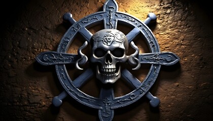 Pirate metal bronze and iron medal with skull and bones on stone background, fantasy, steampunk, vintagem horror, adventure, caribbean - obrazy, fototapety, plakaty