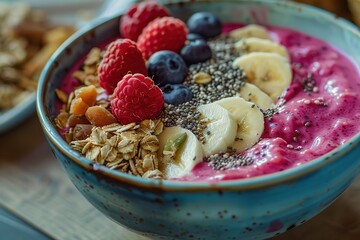 A bowl of oatmeal with raspberries and a banana on top. The bowl is on a table with a wooden...