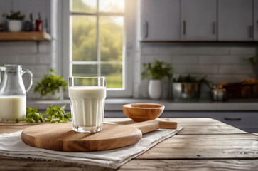 Milk in a glass with cheese on a wooden serving board