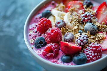 a bowl of oatmeal with the fruit and granola on top, A bowl of oatmeal with raspberries and a green leaf on top. The bowl is on a table with a black background