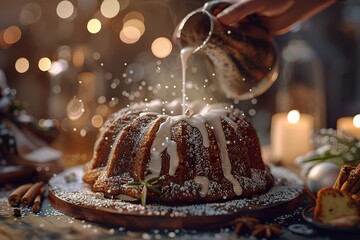 a hand pours some sugar onto a bund cake