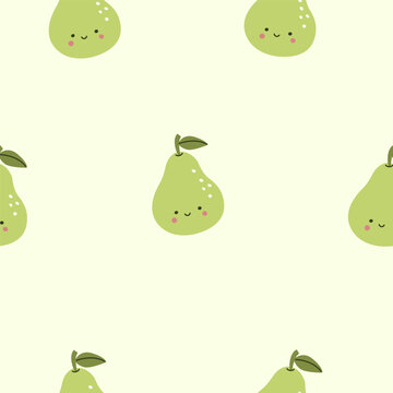 Seamless pattern with cute pear fruits on a blue background. Vector illustration for printing. Cute children's background.