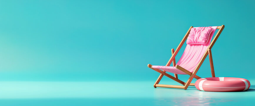Minimalist image of pink beach chair over ocean blue color background with copy space