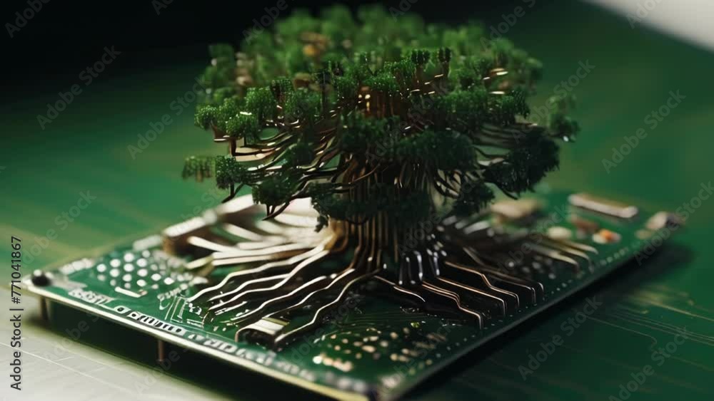 Poster green natural eco-friendly tree and computer technology on an abstract high-tech futuristic backgrou