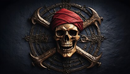 Pirate 3d symbol with skull, red bandana and bones on stone background, fantasy, steampunk, vintagem horror, adventure, caribbean - obrazy, fototapety, plakaty