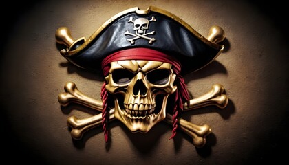 Fototapeta premium Pirate 3d symbol with skull, red bandana and bones on stone background, fantasy, steampunk, vintagem horror, adventure, caribbean