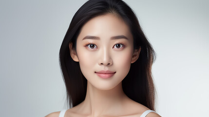 Beautiful young Asian woman with clear skin on white background. Skin care.