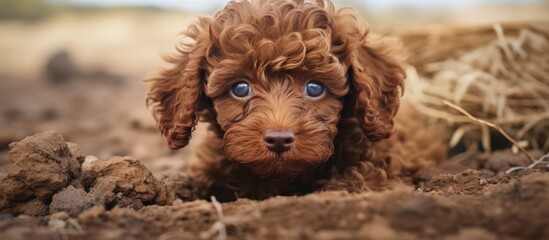 A young brown poodle puppy, a carnivorous dog breed, is lounging in the dirt and gazing at the camera. Poodles are known as companion dogs and this fawncolored pup has adorable floppy ears