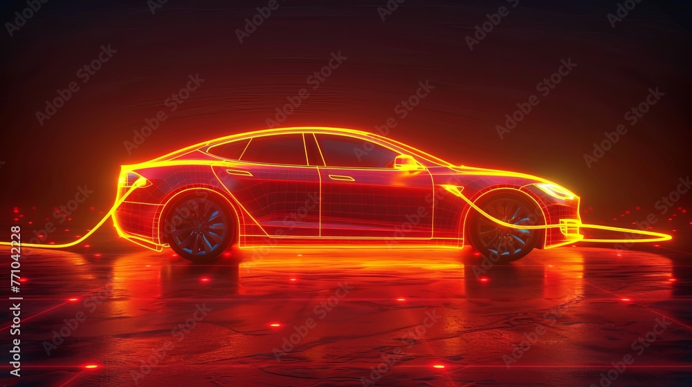 Poster car charge line icon. continuous one line with curl. vehicle charging plug sign. electric power symb