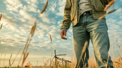 a man in jeans stands in a ripe wheat field. Farmer. Harvesting. Checking the moisture content of grain crops - obrazy, fototapety, plakaty