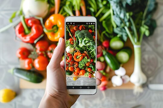 A person is taking a picture of a variety of vegetables on a table