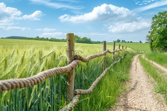 green photo of a wheat field with a field road at the edge of the field. a wooden fence woven from branches. blue sky