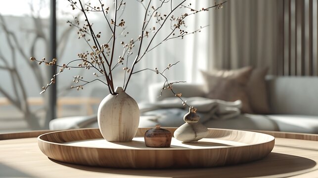 nature's touch a?" Picture an AI-generated masterpiece, showcasing an elegant centerpiece with a wooden tray at its core, seamlessly blending the organic and the refined