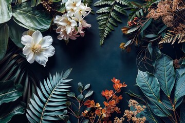 Floral and botanical elements on a dark blue background, with empty space in the center for text or product display. Leaves, ferns, flowers, and plants are in various sizes, in the style of flat lay. - 771042641