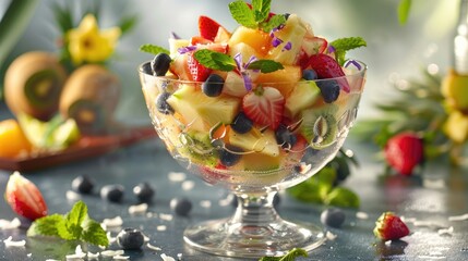 Fresh fruit summer exotic salad with strawberries, blueberries, kiwi and pineapple in a glass bowl. Healthy nutritious breakfast, dessert or snack, vegan concept