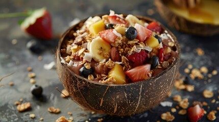Fototapeta premium Nutrient-rich matcha chia seed pudding dessert served in a coconut shell bowl with fresh kiwi slices. Healthy nutritious breakfast, dessert or snack, vegan concept