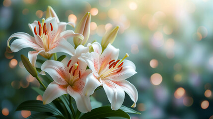 Fototapeta na wymiar Beautiful lily flowers on bokeh background, close up