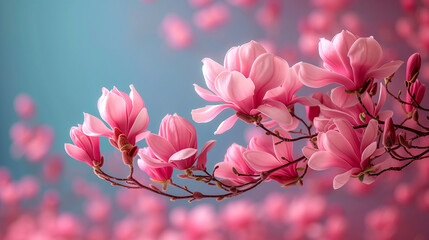 Branch of pink magnolia flowers on a blue background with bokeh
