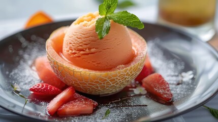 Vibrant vegan fruit sorbet served in a colorful ceramic bowl. Refreshing blend of frozen fruit such as mangoes, strawberries, pineapple, with a touch of agave syrup or fruit juice - obrazy, fototapety, plakaty
