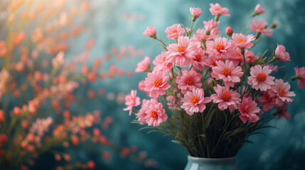 Bouquet of pink flowers in vase on blue background. - Powered by Adobe