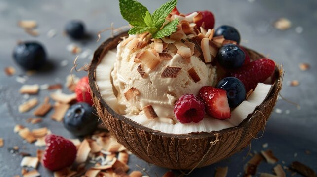 Refreshing vegan coconut ice cream served in a halved coconut shell with toasted coconut flakes, fresh berries, and a sprig of mint. Healthy summer dish, dessert or snack, vegan concept