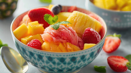 Vibrant vegan fruit sorbet served in a colorful ceramic bowl. Refreshing blend of frozen fruit such as mangoes, strawberries, pineapple. Dessert vegan concept - obrazy, fototapety, plakaty