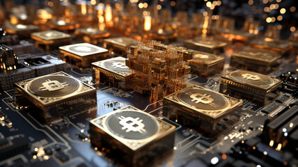 Cryptocurrency mining CPU microchips technology for future, crypto transactions, banner - obrazy, fototapety, plakaty