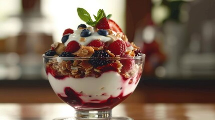 Chia seed pudding parfait served in a glass jar. Layered creamy coconut milk chia pudding with berry compote, coconut yogurt and crushed almonds or granola. Healthy breakfast, dessert