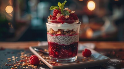 Chia seed pudding parfait served in a glass jar. Layered creamy coconut milk chia pudding with berry compote, coconut yogurt and crushed almonds or granola. Healthy breakfast, dessert - Powered by Adobe