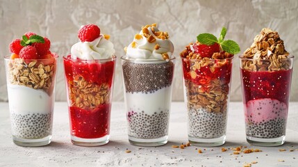 Chia seed pudding parfait served in a glass jar. Layered creamy coconut milk chia pudding with...