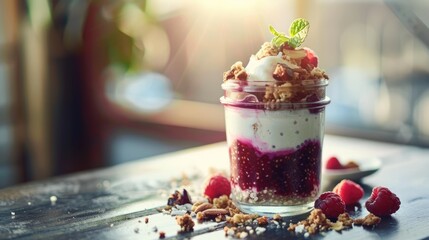 Chia seed pudding parfait served in a glass jar. Layered creamy coconut milk chia pudding with...
