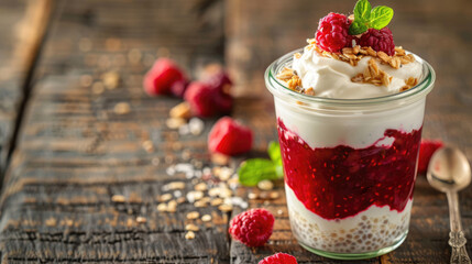 Chia seed pudding parfait served in a glass jar. Layered creamy coconut milk chia pudding with berry compote, coconut yogurt and crushed almonds or granola. Healthy breakfast, dessert - obrazy, fototapety, plakaty